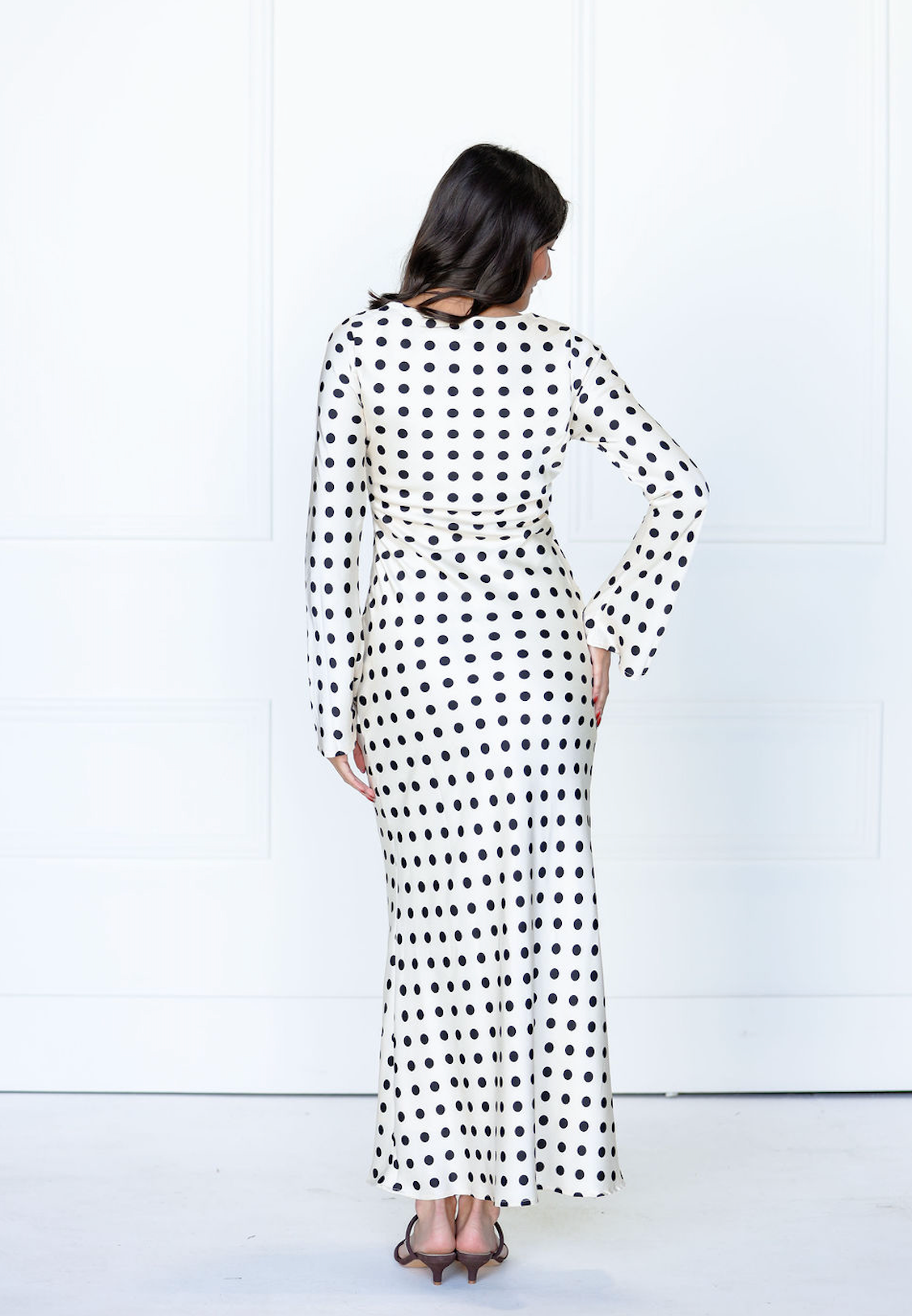 White Satin Polka Dot Long Sleeve Maxi