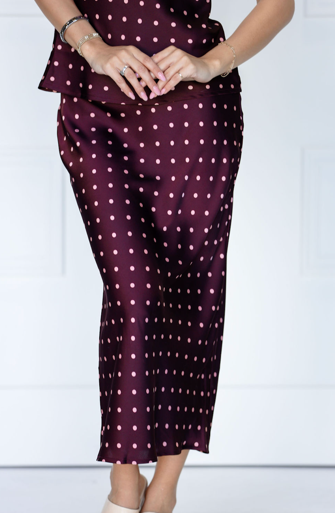 Wine/Blush Dot Satin Midi Skirt