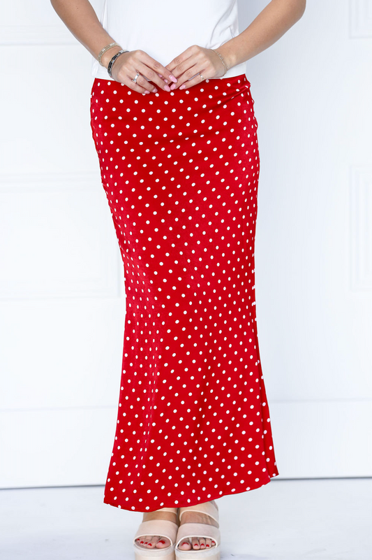 Satin Polka Dot Maxi Skirt Red