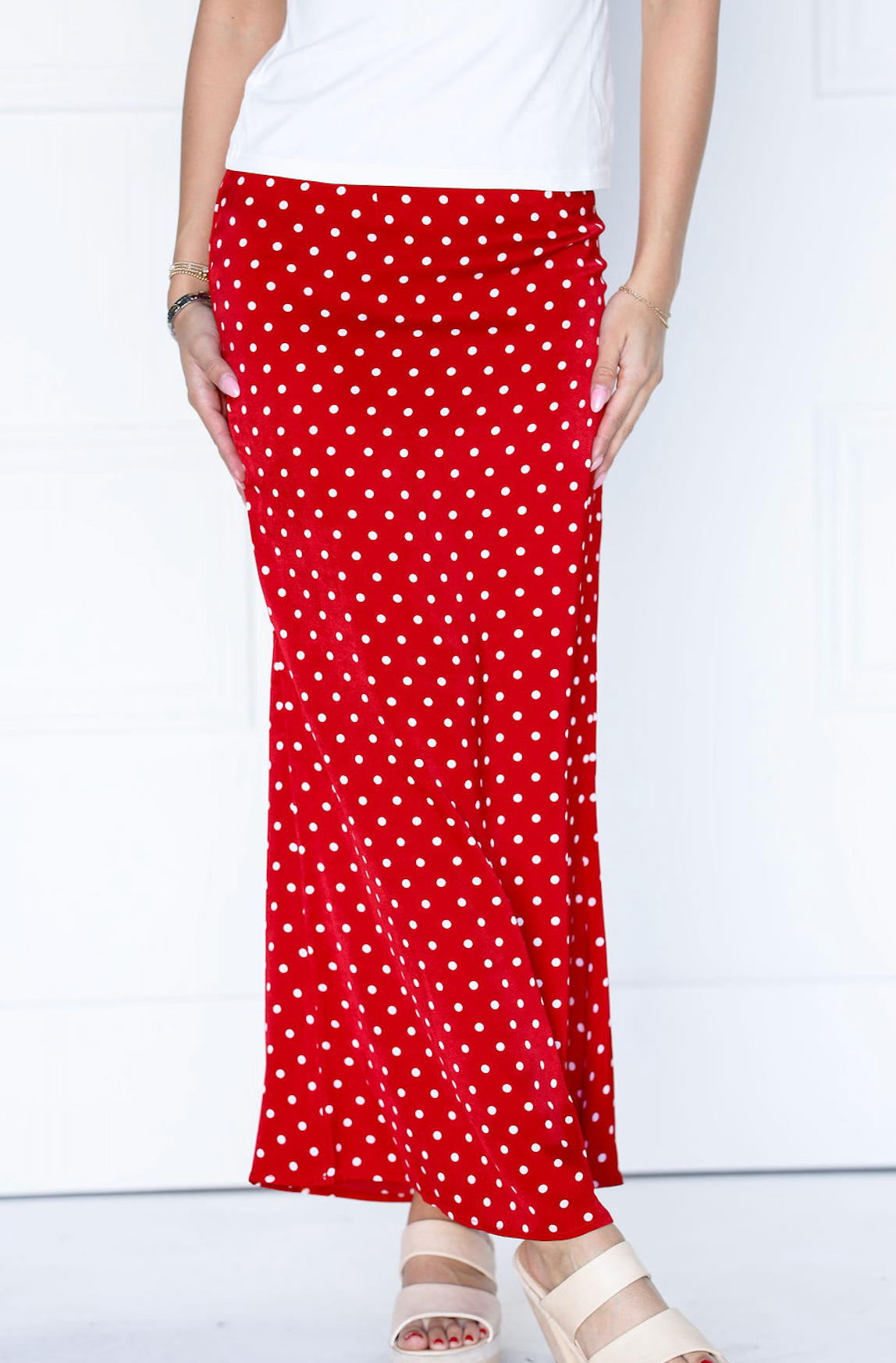 Satin Polka Dot Maxi Skirt Red