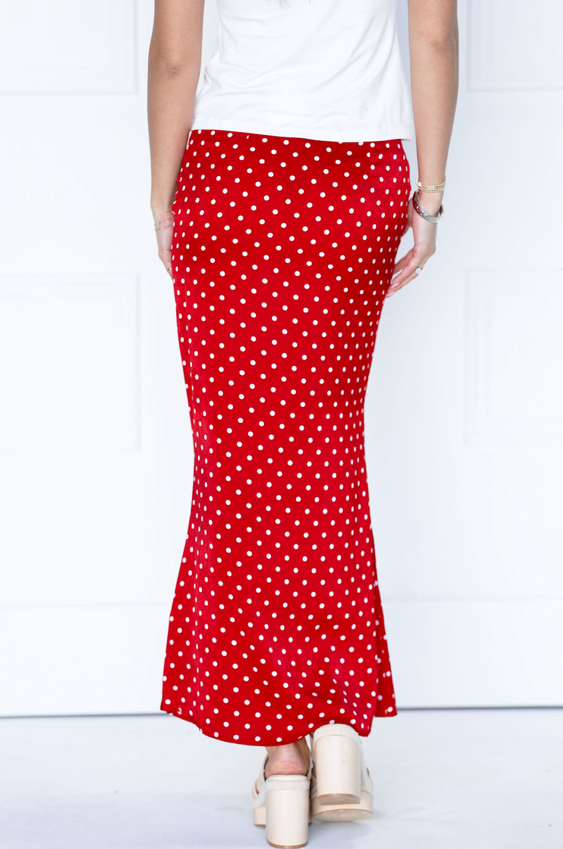Satin Polka Dot Maxi Skirt Red