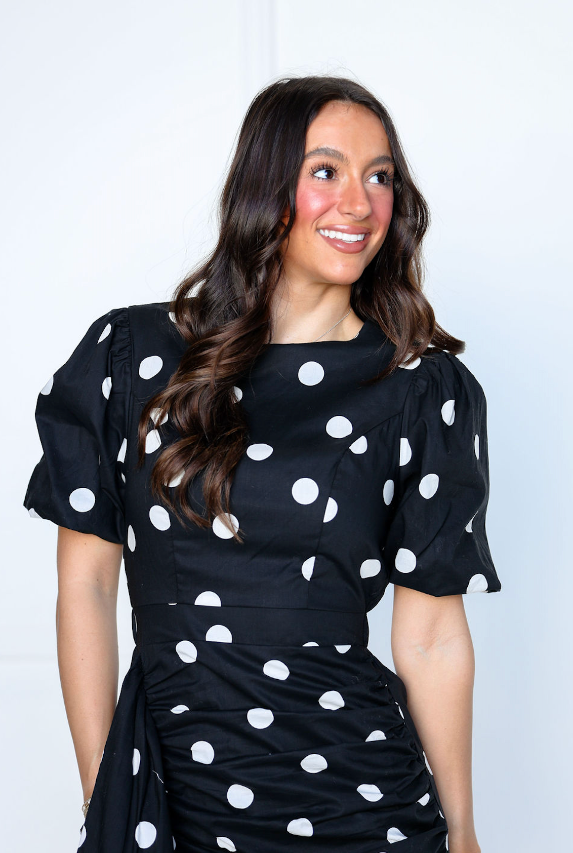 Ruched Puff Sleeve Polka Dot Mini Dress