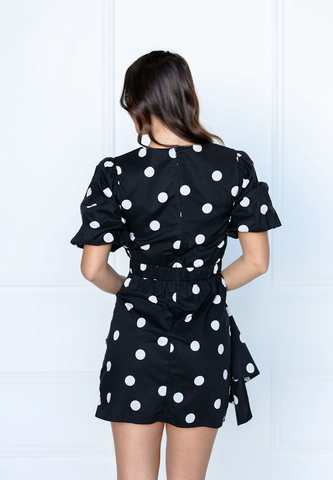 Ruched Puff Sleeve Polka Dot Mini Dress