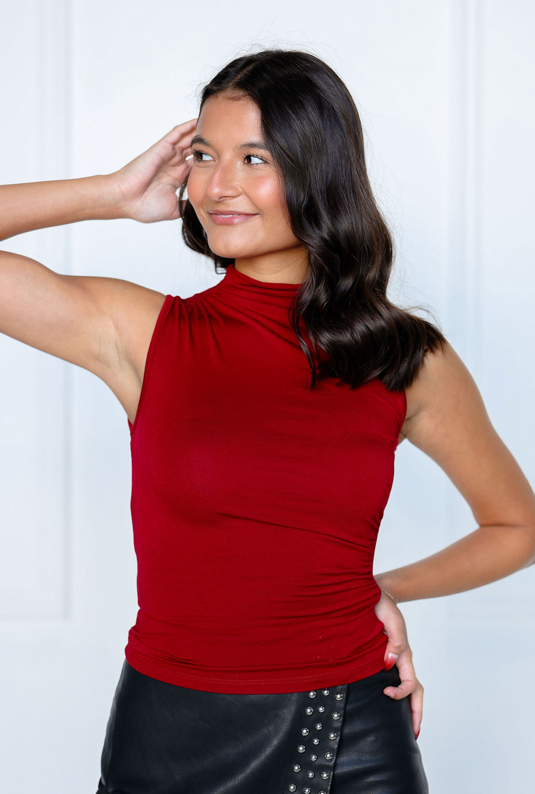Mock Neck Solid Top Deep Red