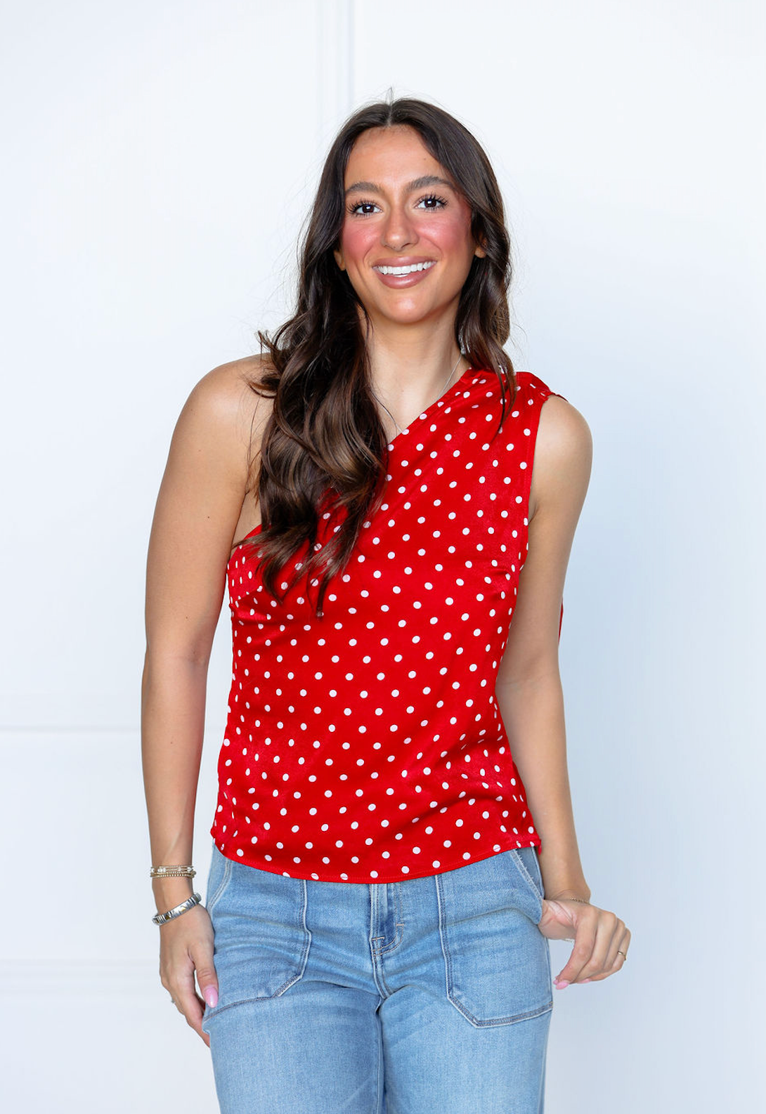 Dot One Shoulder Top w/ Scarf Red