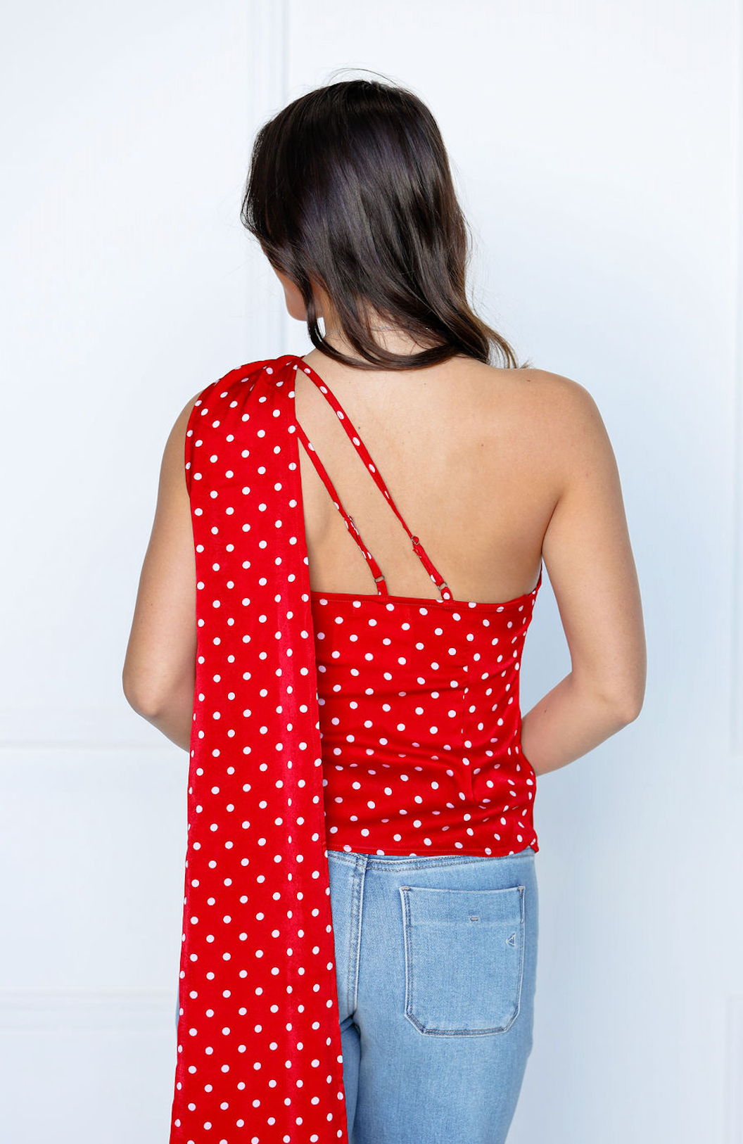 Dot One Shoulder Top w/ Scarf Red