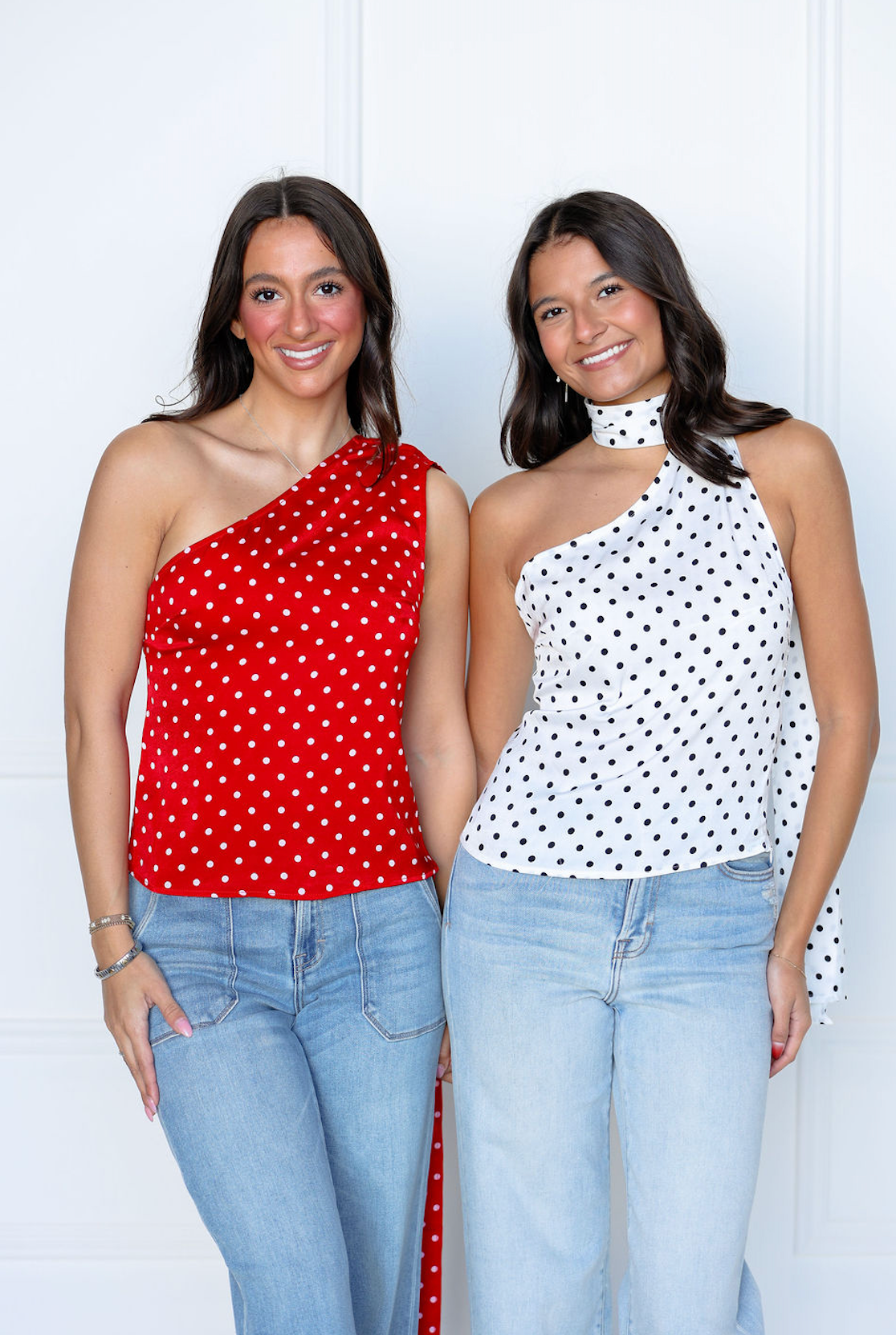 Dot One Shoulder Top w/ Scarf Red