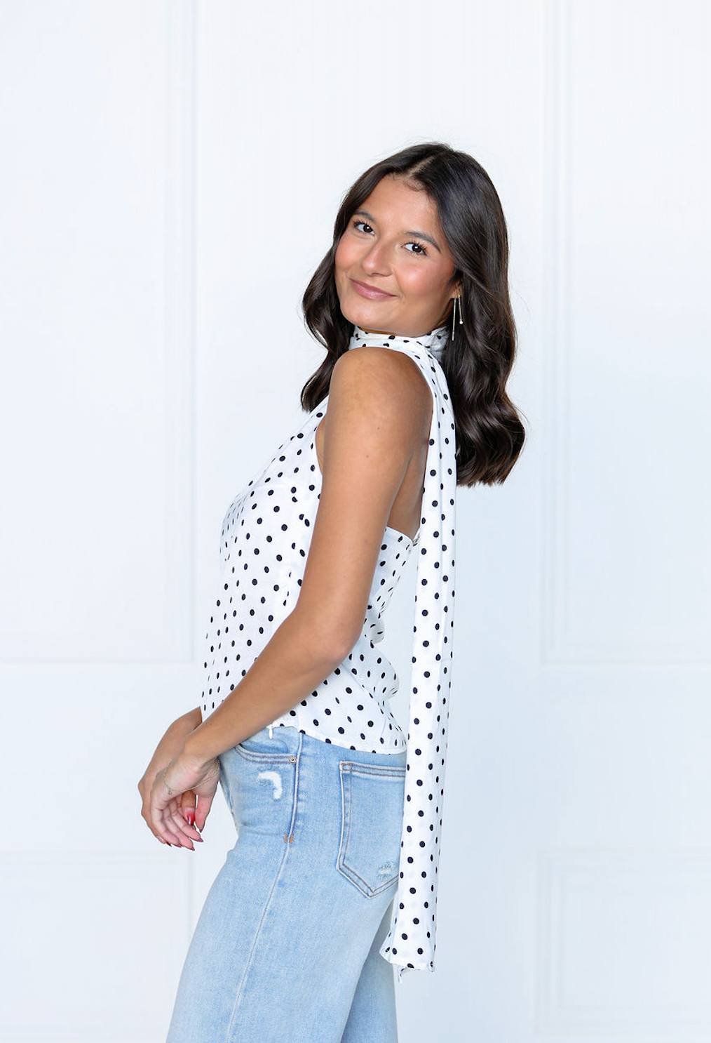 Dot One Shoulder Top w/ Scarf White