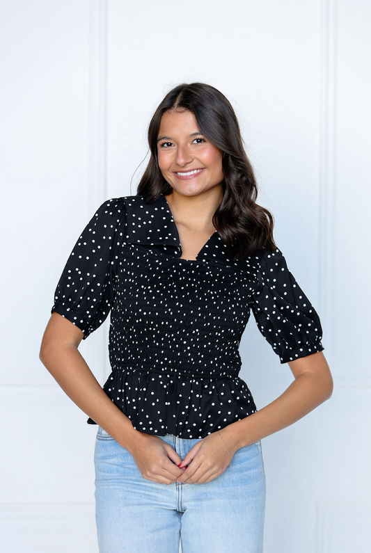Black/White Dot Collared Top