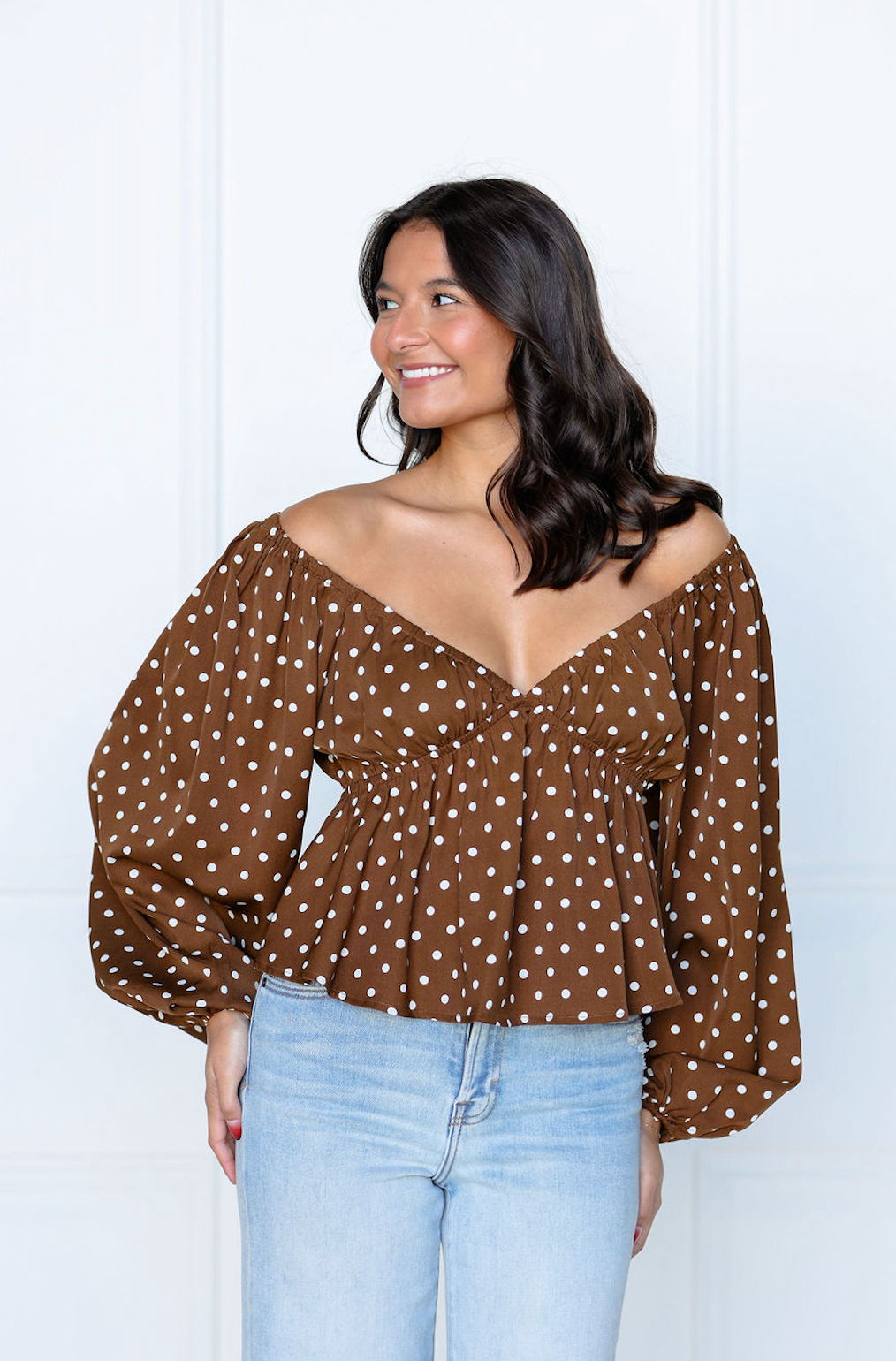 Polka Dot V-neck Blouson Sleeve Top
