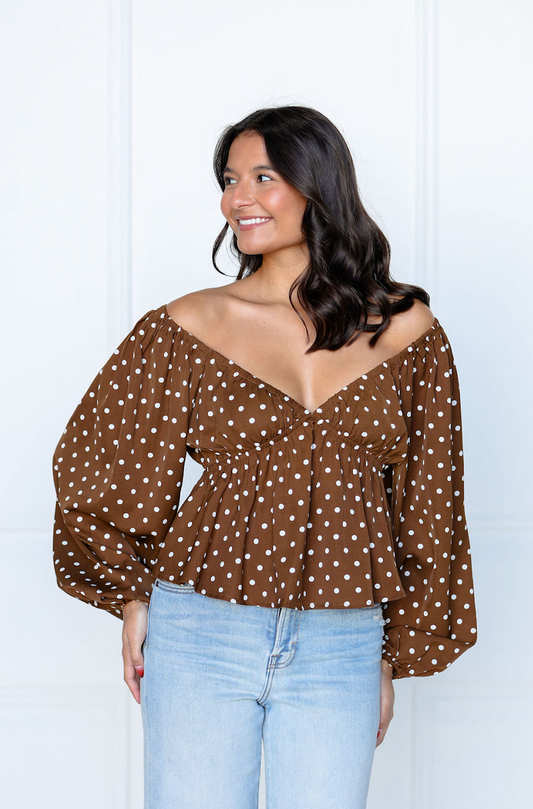 Polka Dot V-neck Blouson Sleeve Top