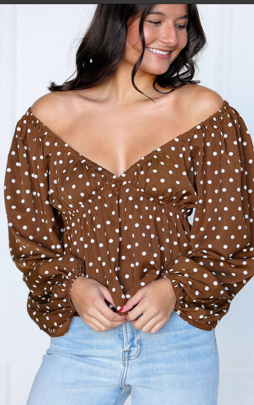 Polka Dot V-neck Blouson Sleeve Top