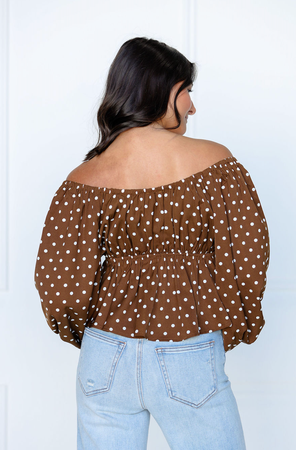 Polka Dot V-neck Blouson Sleeve Top