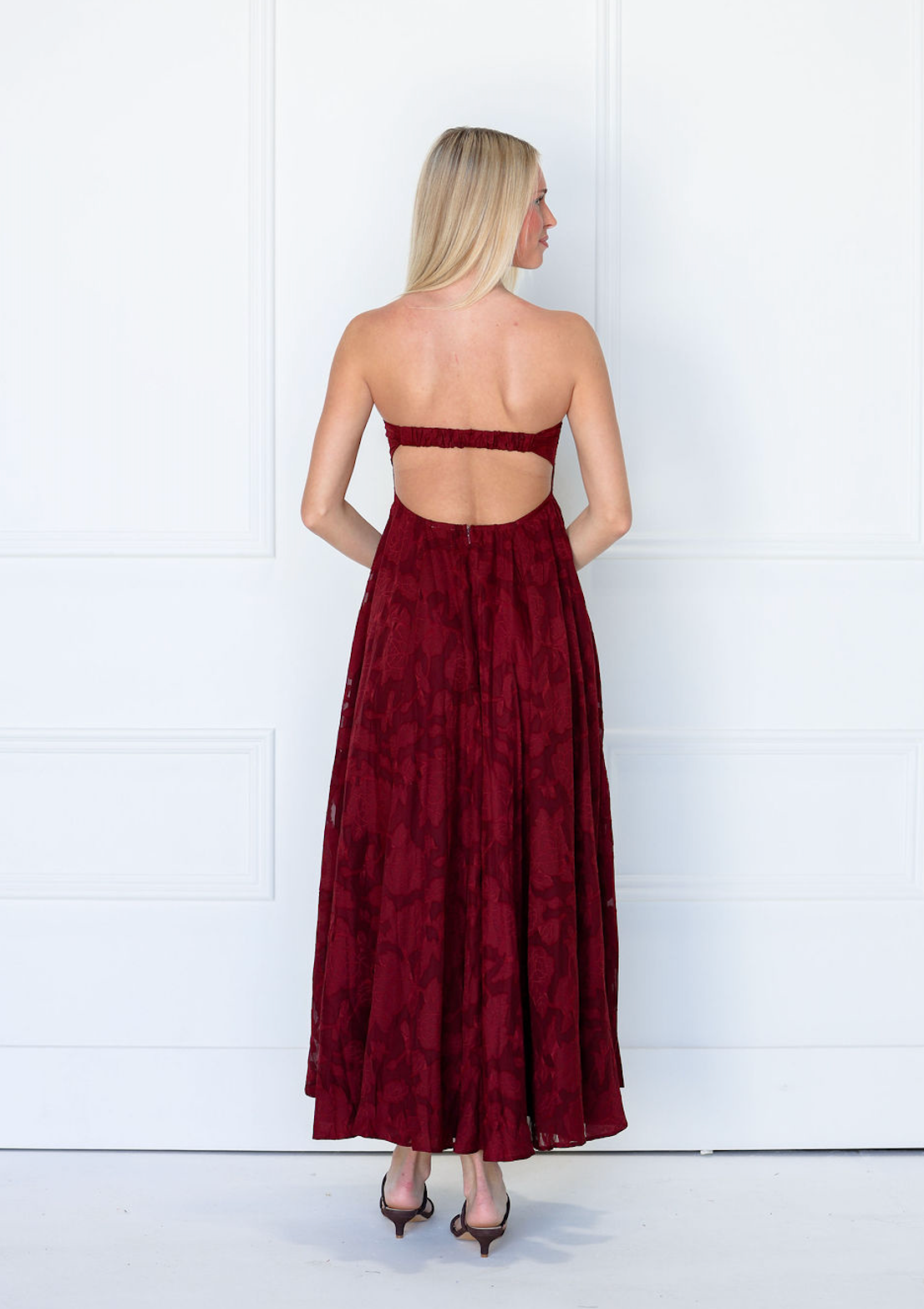 Strapless Chiffon Embossed Maxi Dress