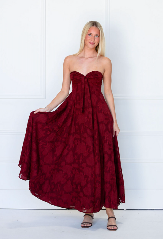 Strapless Chiffon Embossed Maxi Dress