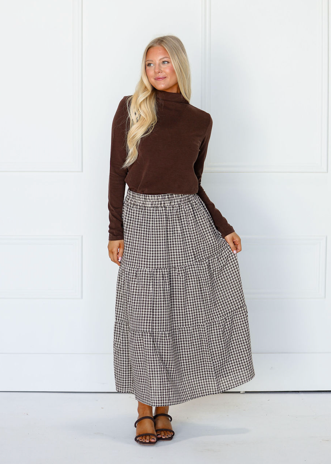 Gingham Tiered Midi Skirt Chestnut
