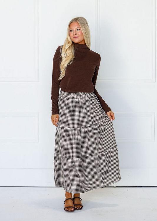 Gingham Tiered Midi Skirt Chestnut