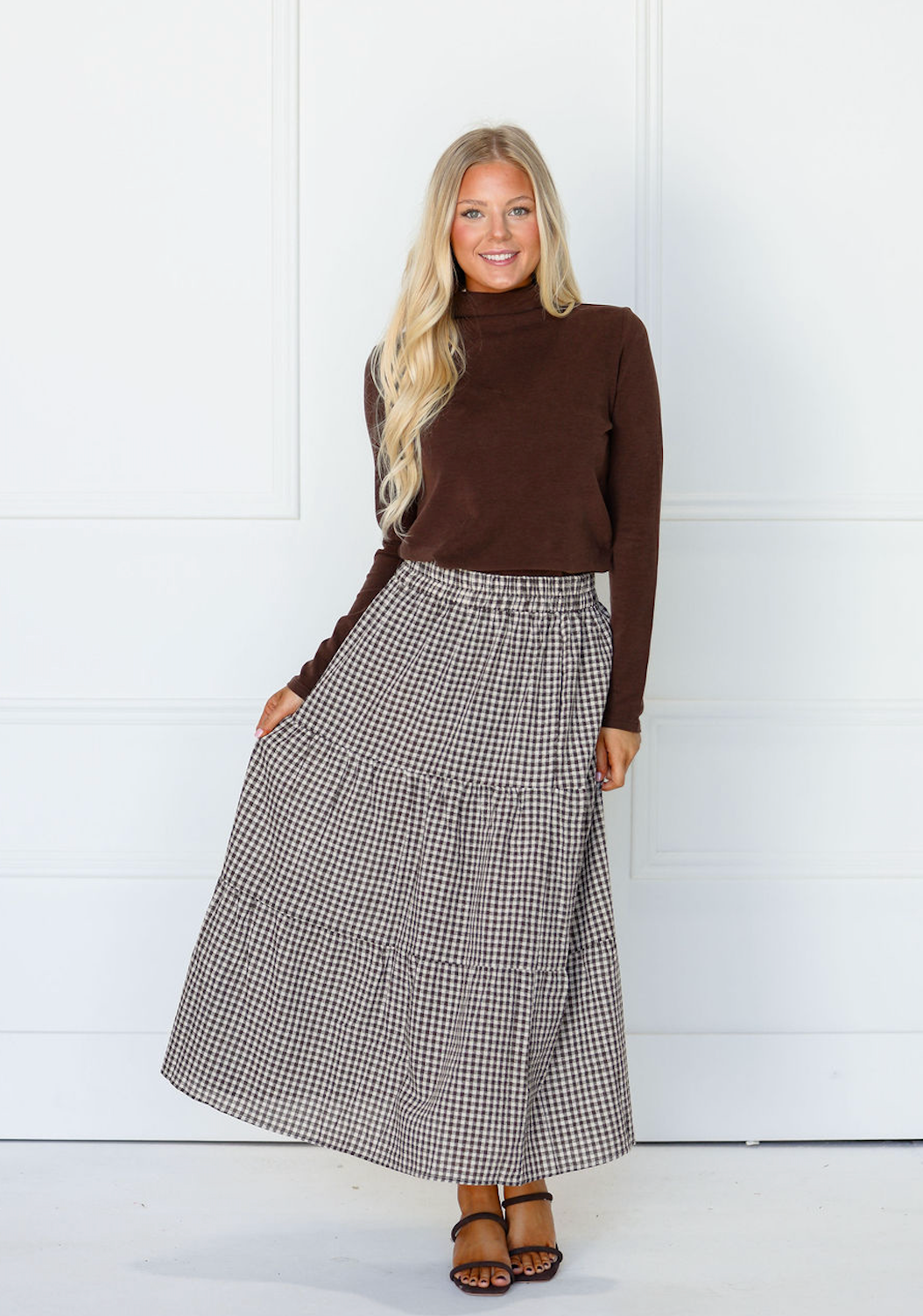 Gingham Tiered Midi Skirt Chestnut
