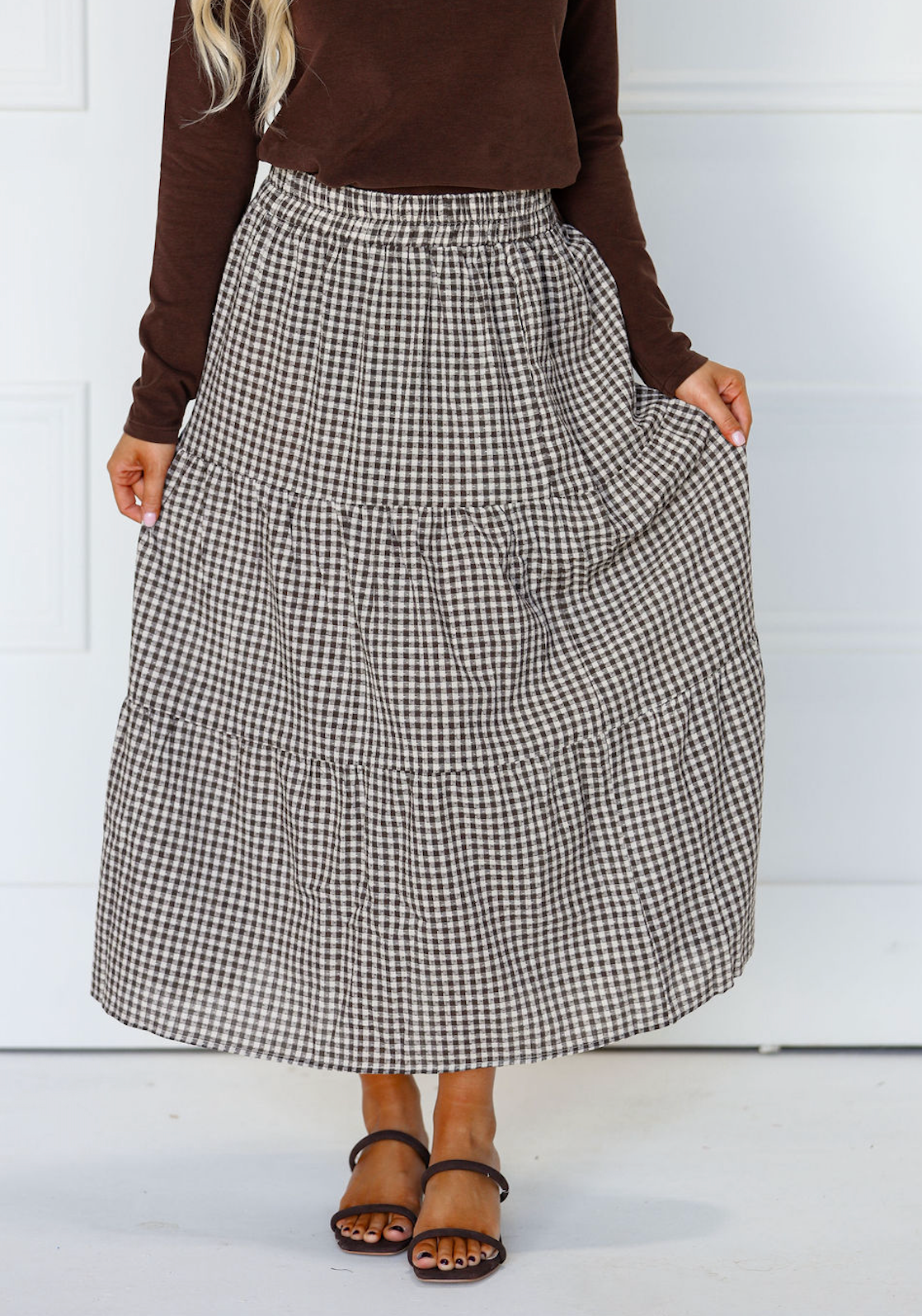 Gingham Tiered Midi Skirt Chestnut