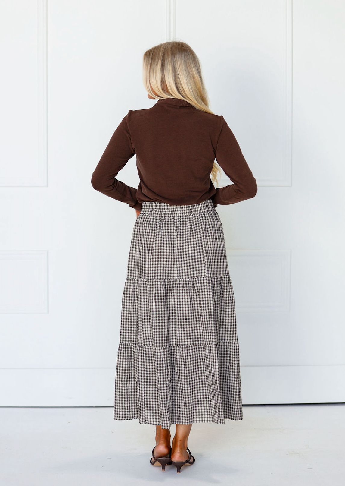 Gingham Tiered Midi Skirt Chestnut