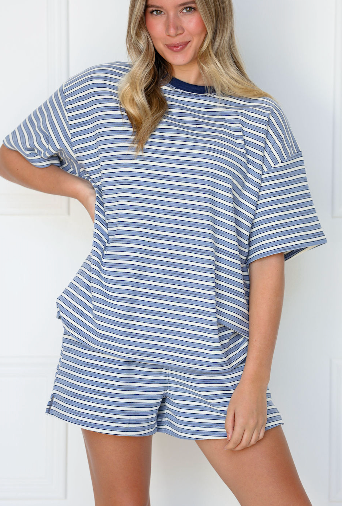 Striped Fleece Short Sleeve Tee Blue