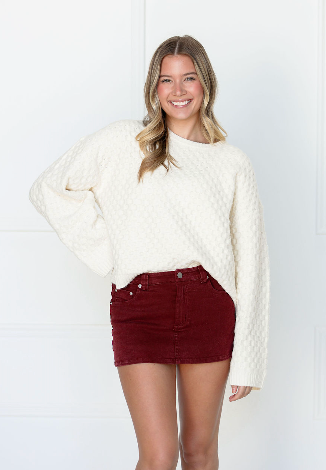 Check Textured Sweater Ivory