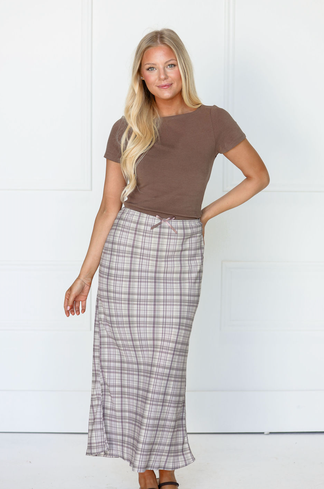 Plaid Maxi Skirt Beige