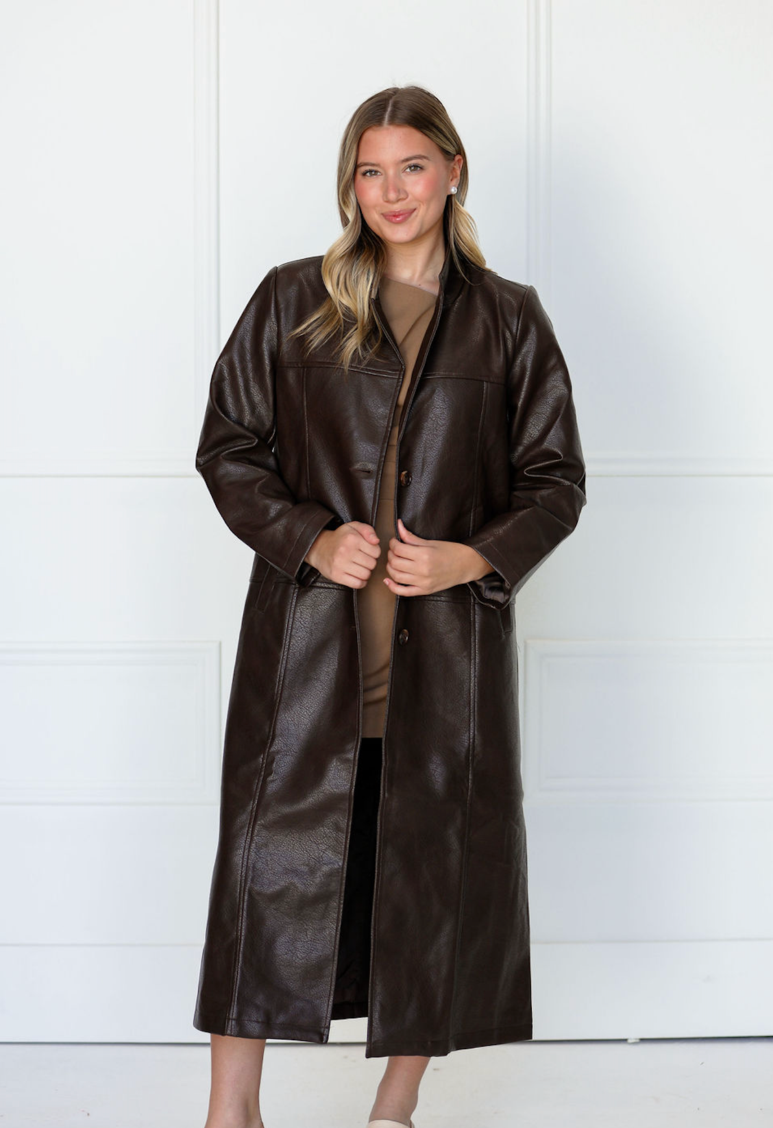 Brown Faux Leather Long Coat