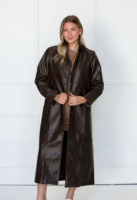 Brown Faux Leather Long Coat