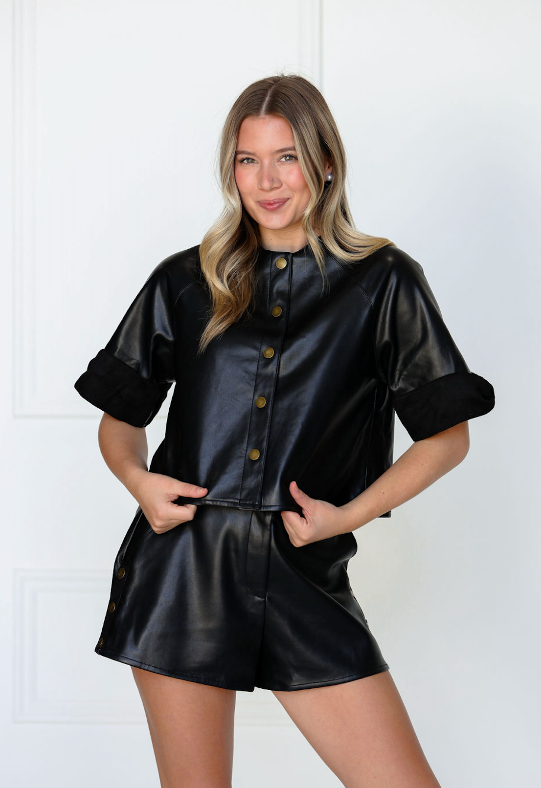 Black Pleather Button Shorts