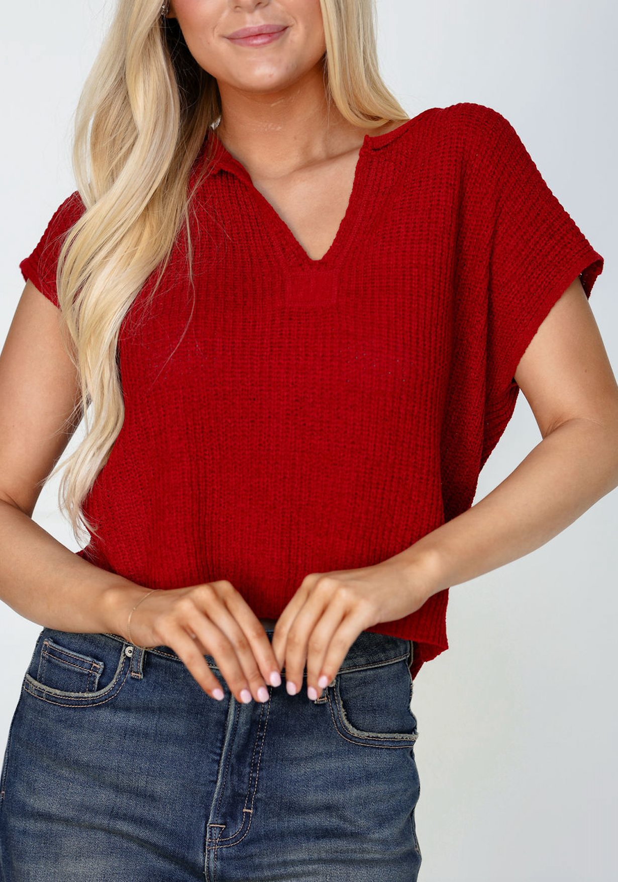 Split Neck Red Knit Top