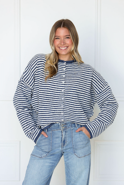 Button Down Cardi Denim Stripes - Clothe Boutique