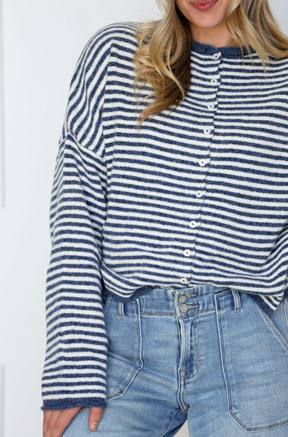 Button Down Cardi Denim Stripes - Clothe Boutique