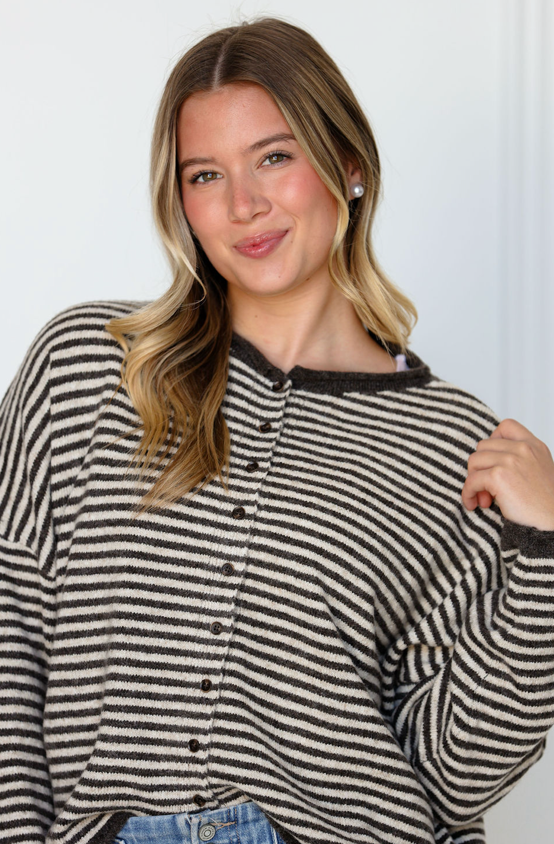 Stripe Drop Shoulder Cardigan Brown