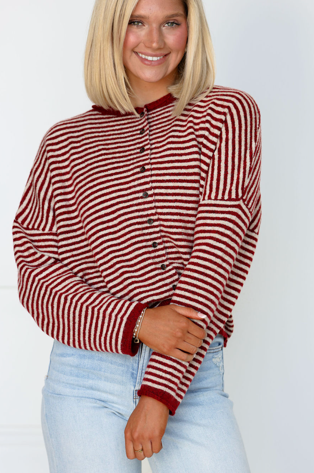 Stripe Drop Shoulder Cardigan Red