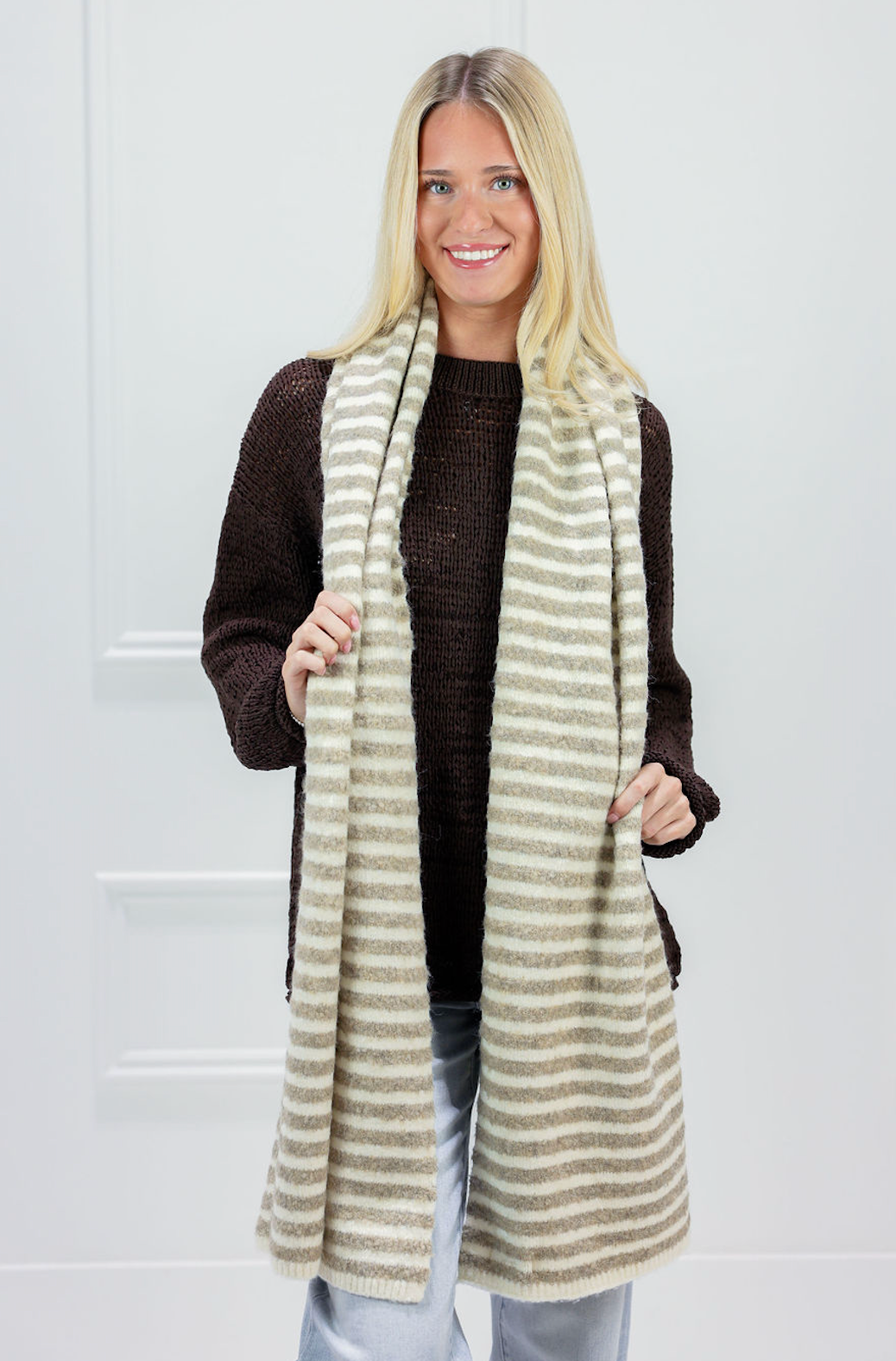 Tan Striped Knit Scarf