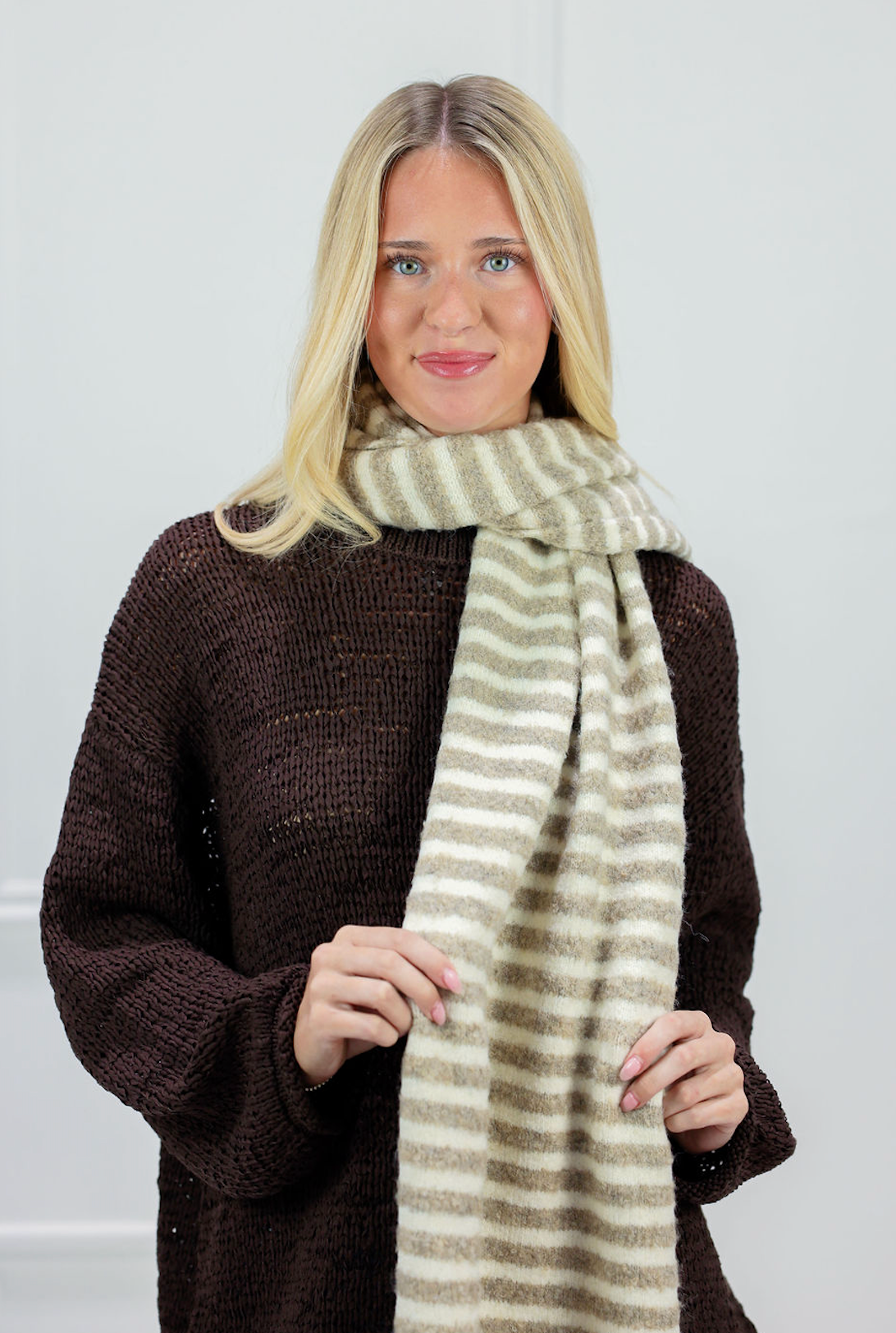 Tan Striped Knit Scarf
