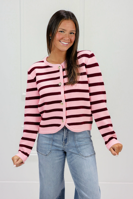 Button Down Stripe Cardigan Pink/Wine
