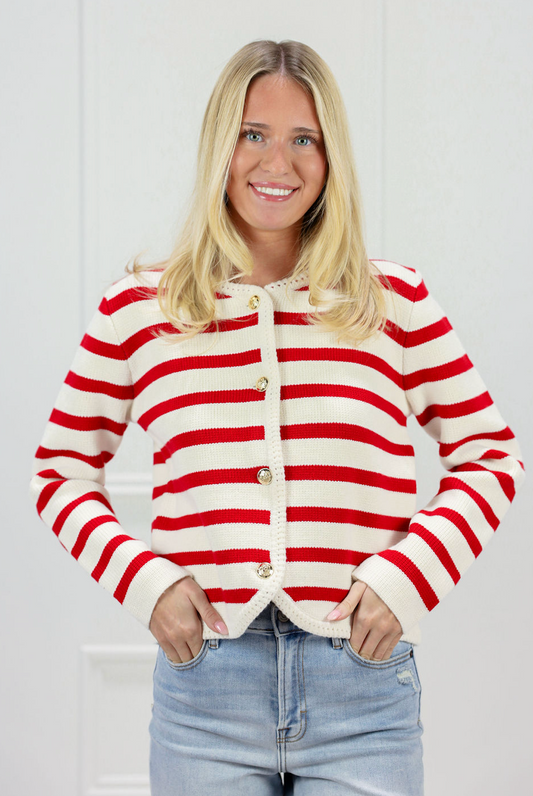 Button Down Stripe Cardigan Cream/Red