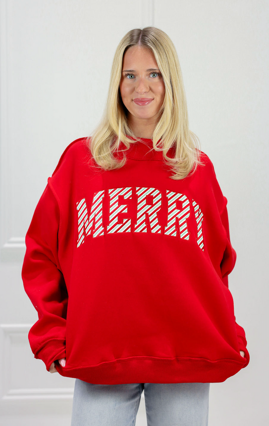 Merry Embroidered Mock Neck Red