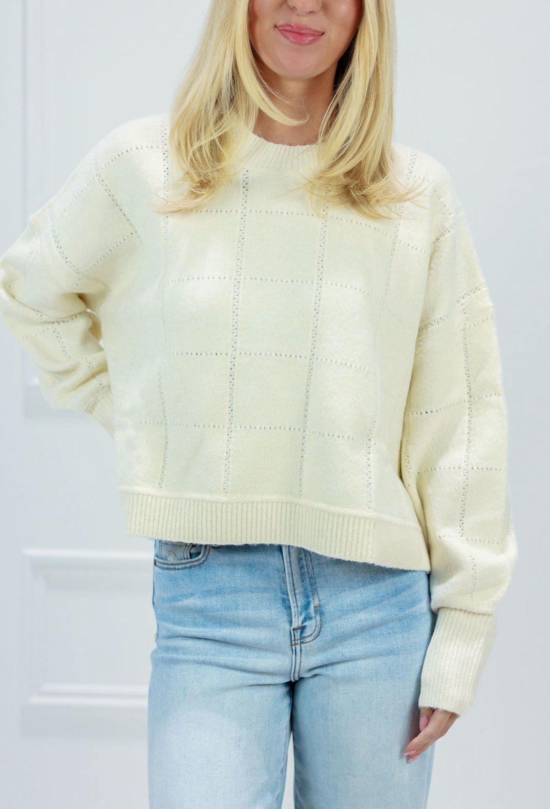 Ivory Textured Grid Knit Sweater