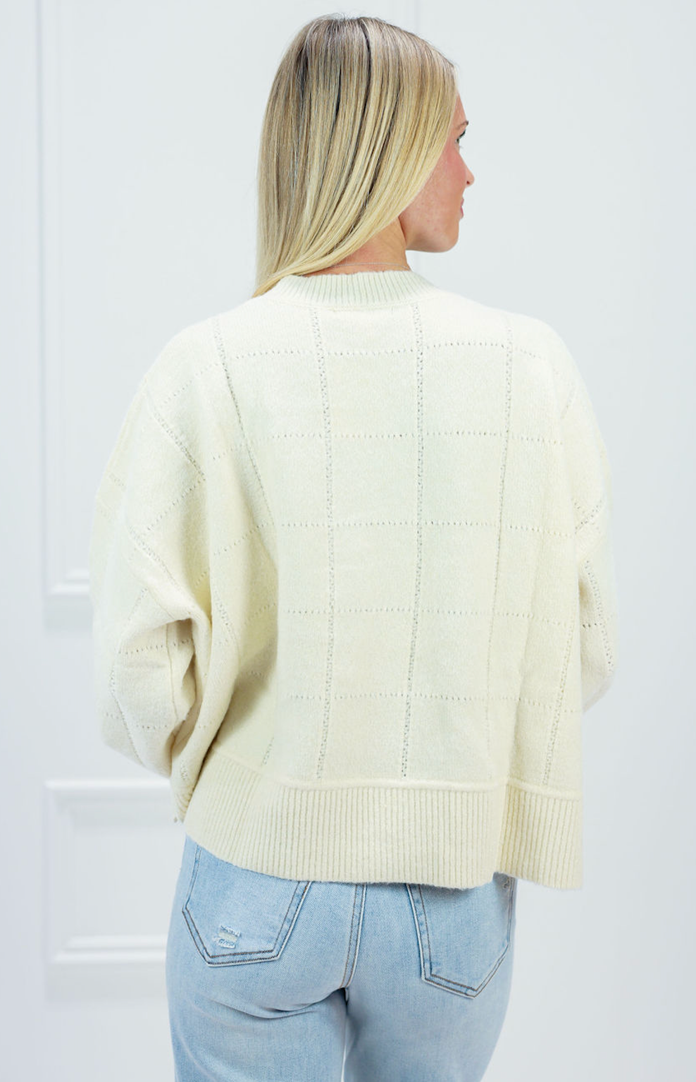 Ivory Textured Grid Knit Sweater