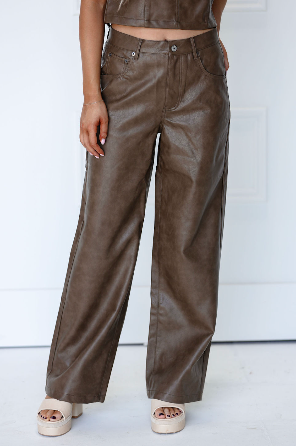 Faux Leather Tie Back Top & Pants Set Of 2