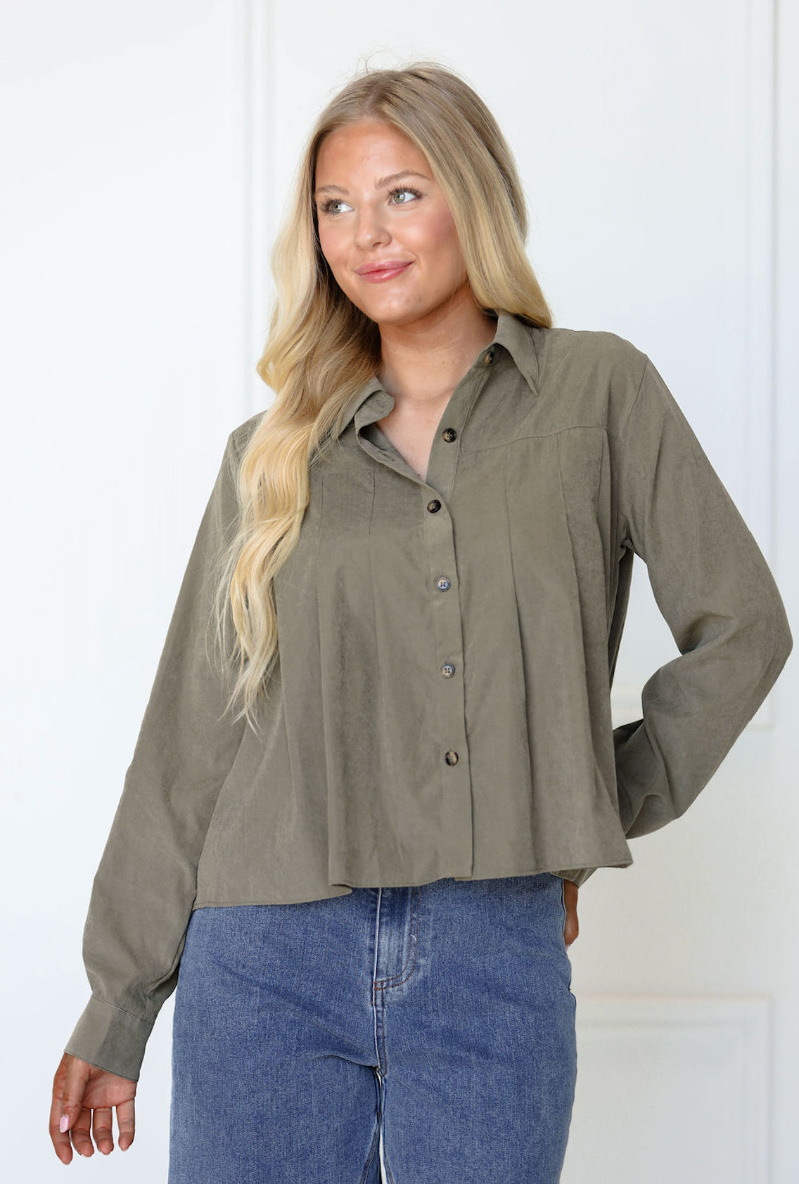 Pleated Button-Up Shirt Sage