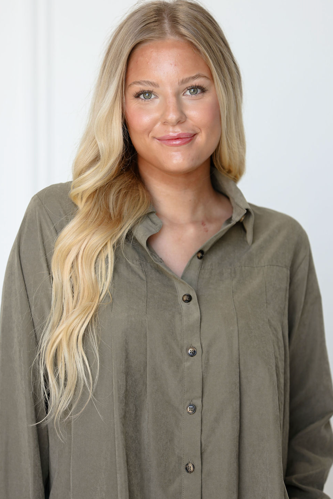 Pleated Button-Up Shirt Sage