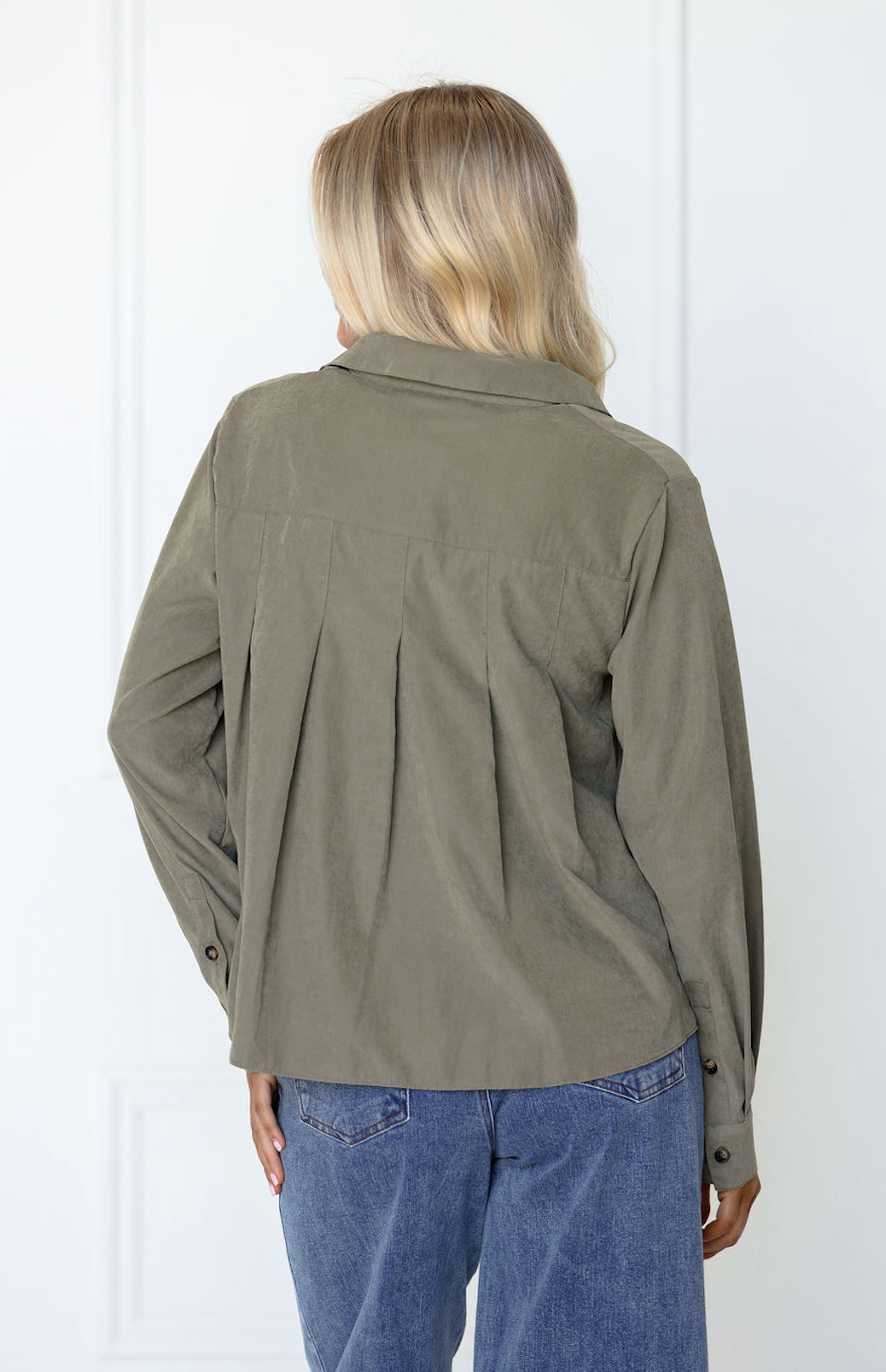 Pleated Button-Up Shirt Sage