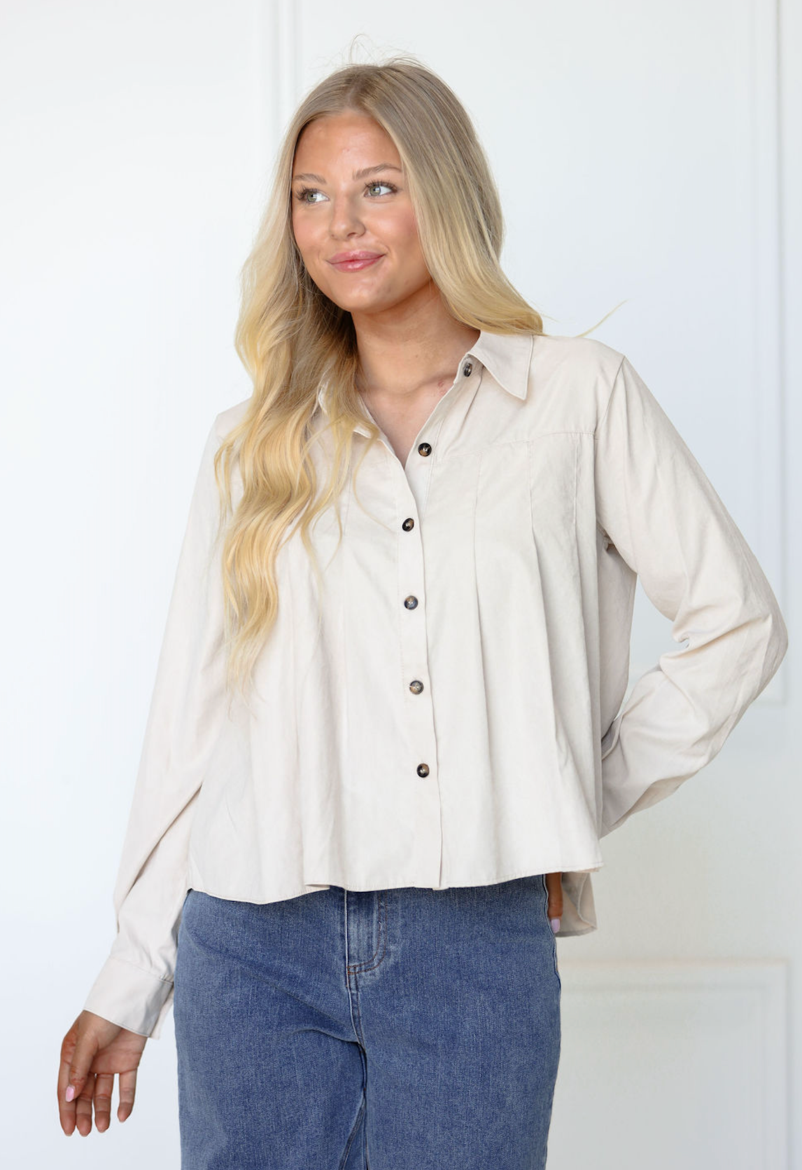 Pleated Button-Up Shirt Taupe