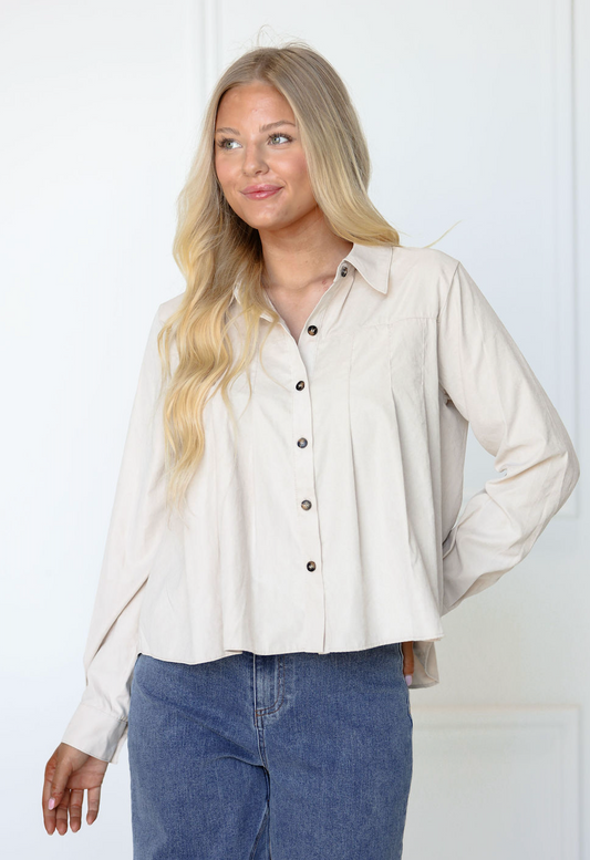 Pleated Button-Up Shirt Taupe