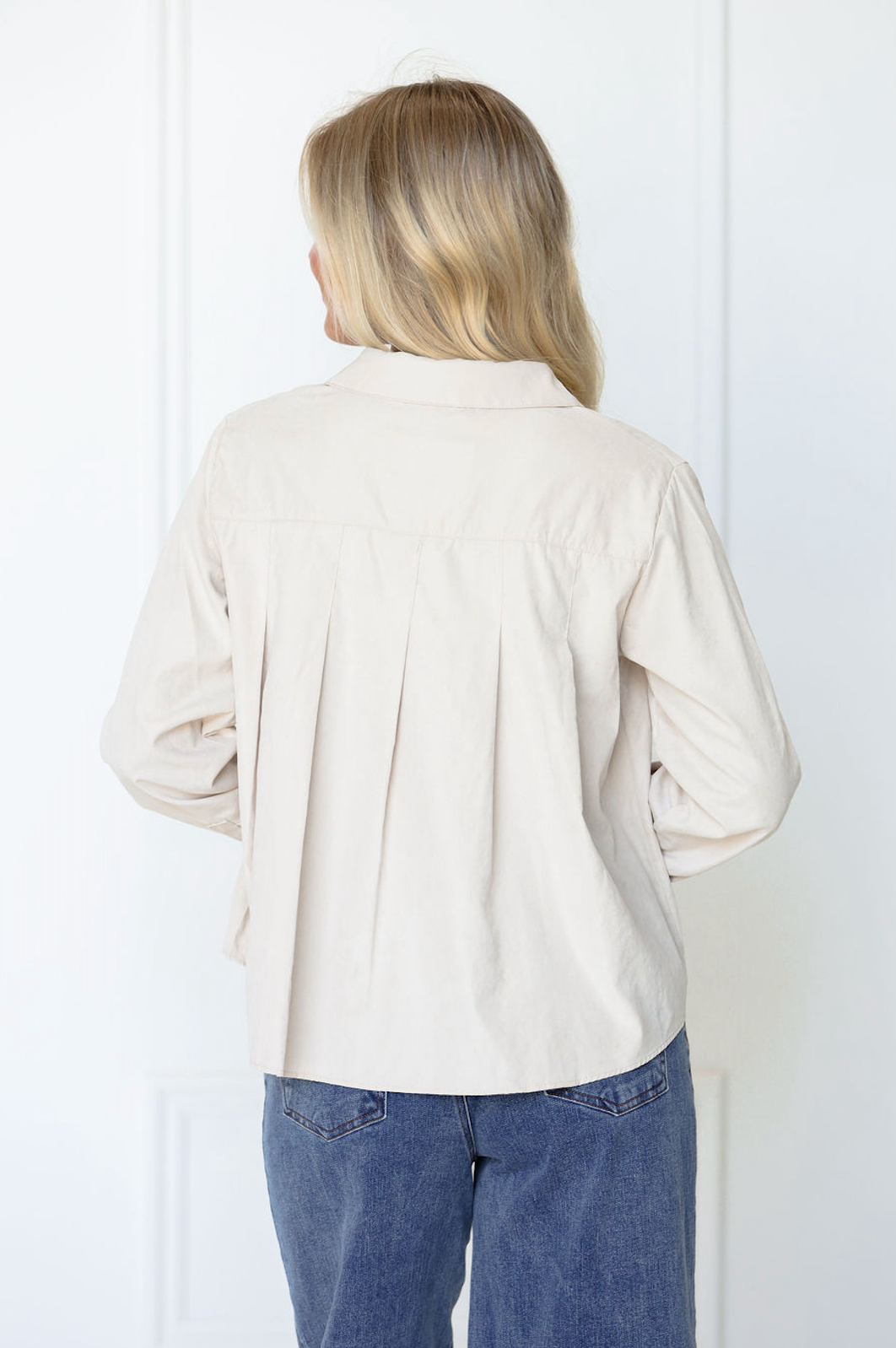 Pleated Button-Up Shirt Taupe