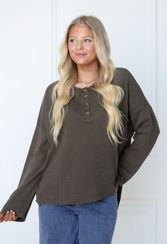 Peat Button Front Long Sleeve Top